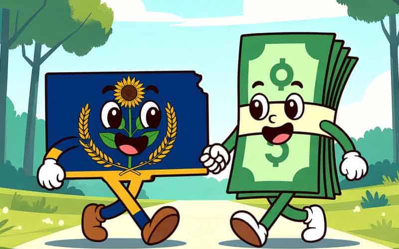 Kansas walking alongside a stack of money cartoon